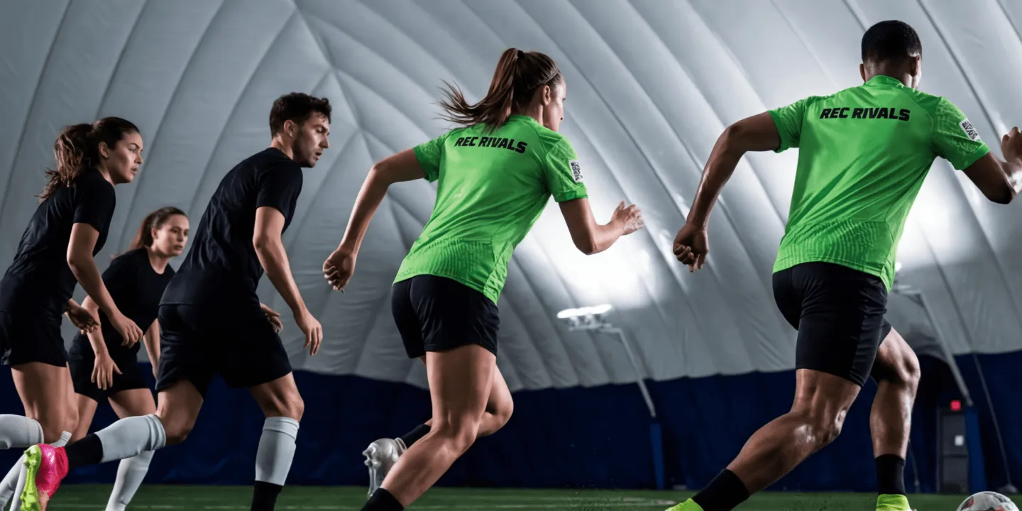 Adult men and women playing indoor soccer in a Toronto league