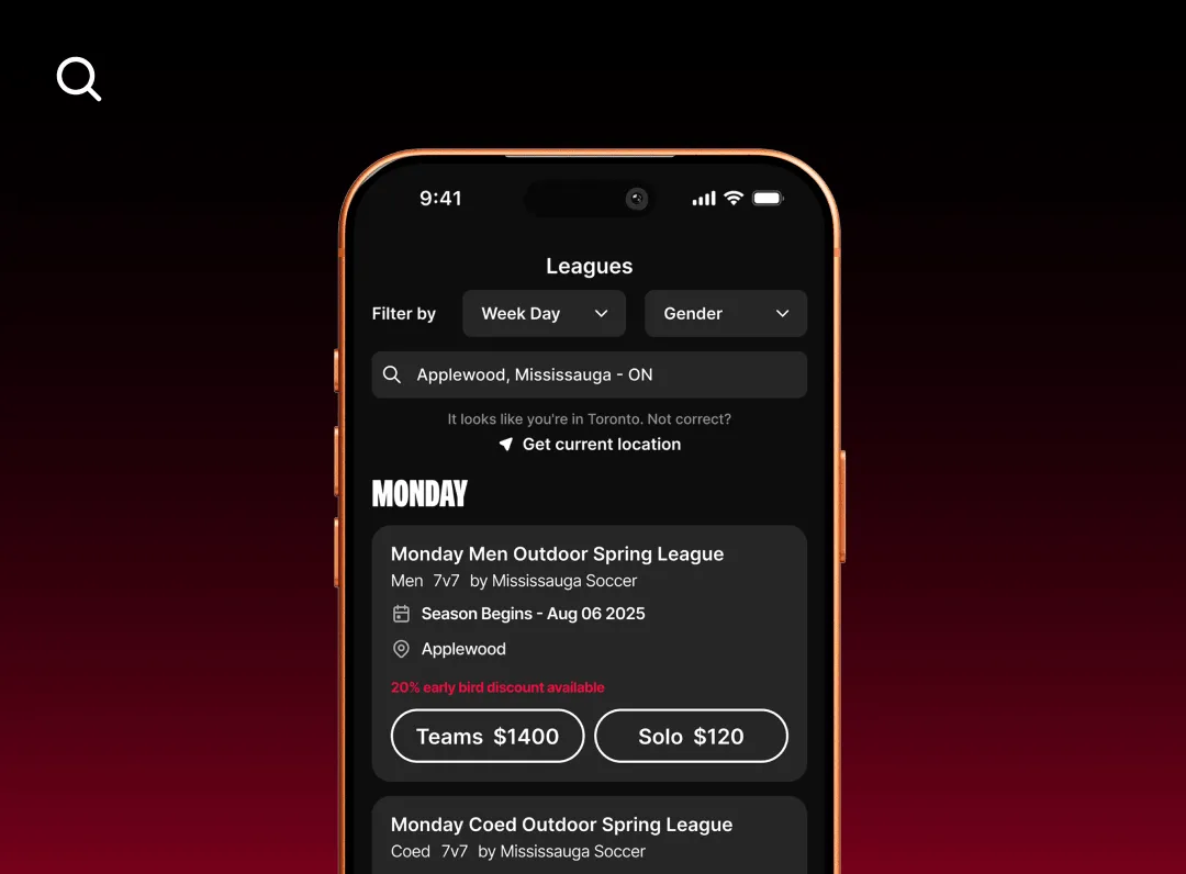 RecRivals app showing adult soccer leagues available in Toronto