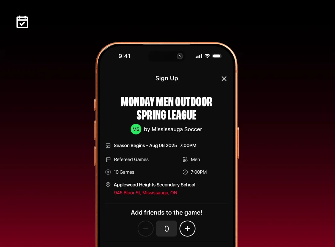 RecRivals app registration screen for a soccer league in Toronto